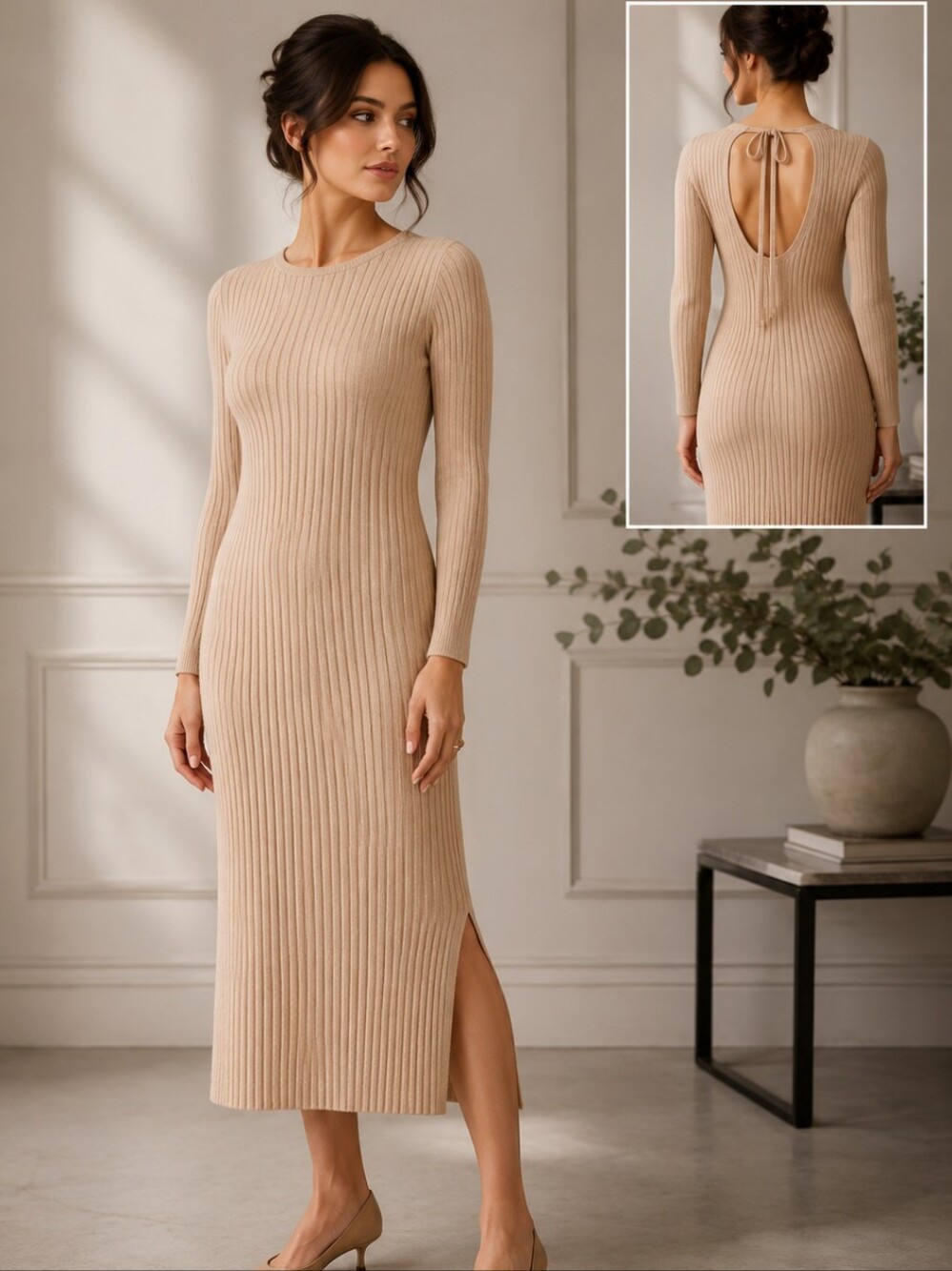 WAYF Sweater Knit Dress Ribbed taupe oatmeal midi dress open back NWOT Sz XL
